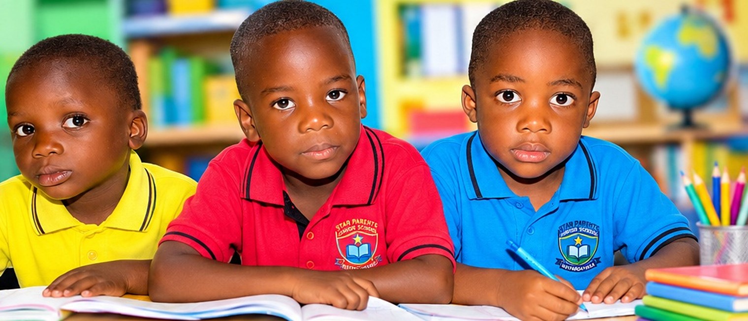 Three pupils in school uniform writing at their desks in a classroom